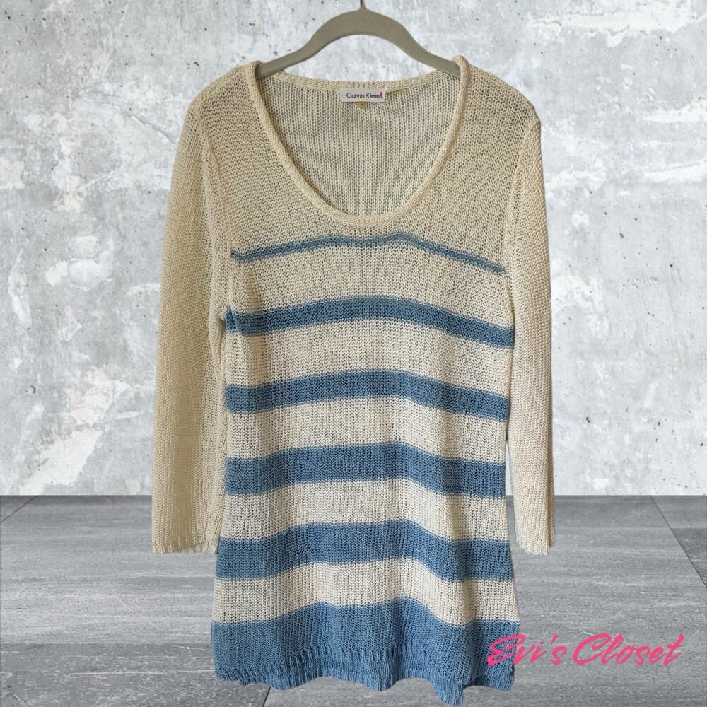 Calvin Klein Sweater Cream Blue Stripes 3/4 Sleeves Light Weight Purl Knit Sz M